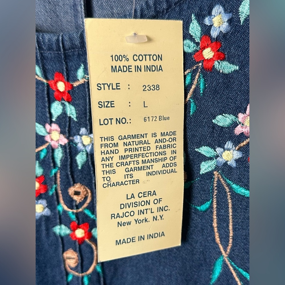 LA CERA Embroidered Denim Blue Cotton Shift Dress NWT Boho Floral Large - Picture 10 of 10